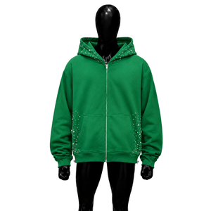 Sweat à capuche zippé vert orné de strass, coupe oversize, style streetwear, personnalisé, entièrement zippé, mode décontractée - Product Image 1