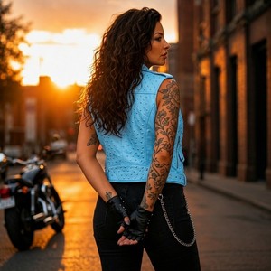 Gilet d'été pour femme en cuir crocheté style motard avec ceinture et fermeture éclair, coupe ajustée - Product Image 3