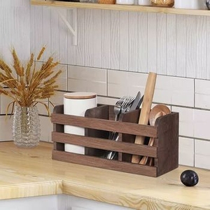 Rustic Slanted Slatted Wood Cutlery Caddy with Black Metal Handles 4 Section Tabletop Utensil Organizer for Indoor Outdoor Use - Product Image 4