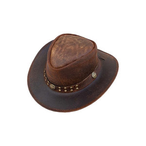 Leather Cowboy <b>Hat</b> Wide Brim Western Style With Studded <b>Band</b> Brown - Product Image 1