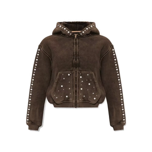 Sudadera con capucha y cremallera para mujer, personalizada, lavada, marrón, con pedrería, de algodón polar de 350GSM, estilo crop, con brillo de cristal, para streetwear. - Product Image 1