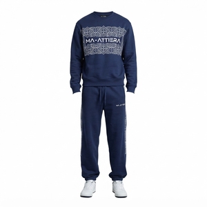 Ensemble de survêtement décontracté pour homme, sweat-shirt à col rond bleu marine à motifs géométriques et pantalon de jogging assorti, deux pièces - Product Image 3