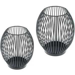 <b>Black</b> wire oval spherical holders vertical rods circular base rustic farmhouse indoor outdoor candle <b>lantern</b> lighting durable - Product Image 1