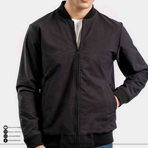 Men's Black Bomber <b>Jacket</b> Casual Zipper Closure Solid Color Polyester Regular Fit Turn-down Collar Autumn Wear For Unisex - Product Image 3