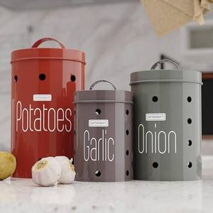 Contenants de stockage alimentaire en métal, forme cylindrique, couvercles, compatibles lave-vaisselle, design moderne pour la conservation de la fraîcheur des pommes de terre, de l'ail et des oignons - Product Image 1
