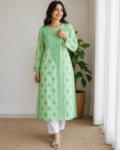 Women’s Mint Green Floral Embroidered <b>Kurti</b>, Long Sleeve Straight Fit Ethnic Indian Kurta, Traditional Casual & Festive Wear - Product Image 1