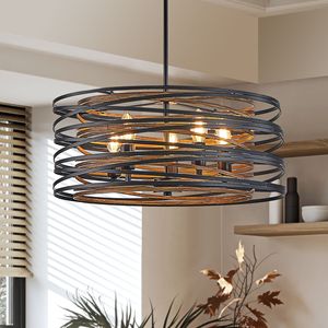 Lampadario a sospensione industriale rustico da 20 pollici a 5 luci, gabbia in metallo nero noce con accenti in legno per l'arredamento dell'isola della cucina - Product Image 3