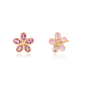 Magnifiques boucles d'oreilles florales en or jaune 14 carats avec saphir rose serti clos, design magnifique, cadeau d'anniversaire pour elle, bijoux raffinés - Product Image 5
