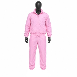 Unisex <b>Pink</b> <b>Tracksuit</b> Set Full Length Zipper Sweatshirt Solid Color Casual Pants With Side Pockets 100% Polyester Spring Wear - Product Image 1