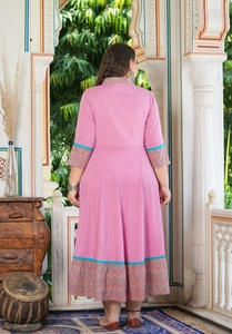 Women's <b>Plus</b> <b>Size</b> Polyester Anarkali Kurta Pink SOLID Embroidered Shirt Collar Three Quarter Sleeves Comfortable Wear - Product Image 6