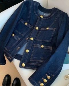 Chaqueta Vaquera para Mujer, Corta, con Botones al Frente, Bolsillos, Manga Larga, Color Sólido, Estilo Casual Otoñal, Algodón Tejido Lavado a la Piedra - Product Image 1