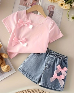 Pink Girls 2Pcs Set Short Sleeve T Shirt With Bows Denim Shorts Sweet Casual Summer Outfit - Product Image 1