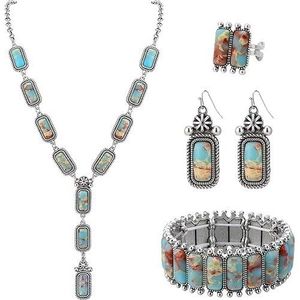 Set di Gioielli Vintage Boho Western in Turchese per Donne, 4 Pezzi, Collana di Perle Navajo, Orecchini, Bracciale, Anello, Accessori da Cowgirl Country - Product Image 1