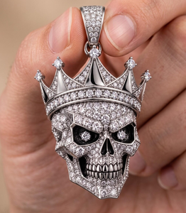 Pendentif Crâne Couronne Argentée avec Moissanite Ronde Taille Brillant Sertie Griffe, Bijou Hip Hop, Cadeau - Product Image 1