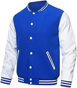 <b>Men's</b> Varsity <b>Jacket</b> Blue <b>White</b> Color Block Button Front Preppy Style Regular Fit Polyester Cotton Shell Turn-down Collar <b>Jacket</b> - Product Image 3