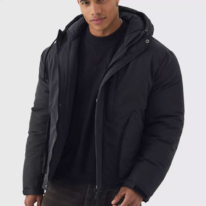 Blouson d'hiver mat noir minimaliste pour homme, matelassé, à capuche, avec fourrure, coupe-vent et chaud pour l'extérieur par temps froid - Product Image 1