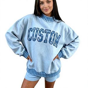 Oversized <b>Red</b> Crew Neck Sweatshirt With <b>Gingham</b> Trim America Letter Print Unisex Cotton Knitted Pullover Spring Casual Wear - Product Image 2