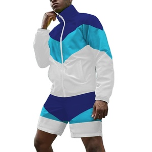 Blouson de course coupe-vent color block pour homme, blanc, bleu, violet, en polyester, col montant, fermeture éclair, style sportif, pour le printemps, coupe régulière - Product Image 1