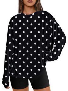 Pull à manches longues pour femme, imprimé à pois noir et blanc, col rond, manches chauve-souris, haut décontracté, 100% polyester, respirant, toutes saisons - Product Image 1