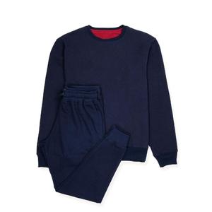 Ensemble de survêtement en coton bleu marine pour homme, col rond, manches longues, couleur unie, style décontracté, coupe régulière, taille élastique - Product Image 5