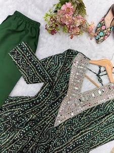 Indian Designer Dark <b>Green</b> Georgette Bandhani Print Anarkali Kurti Suit Set Heavy Mirror Work Neck Long Flare Gown Dupatta Pant - Product Image 4