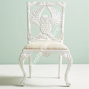 Silla de Comedor de Madera Maciza Hecha a Mano de Lujo con Tallado Ornamental de Búho y Asiento de Lino Blanco Envejecido - Product Image 3