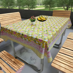 Mantel de Algodón con Estampado Floral Moderno, Ecológico y Personalizable, Hecho a Mano en India, con Diseño de Flores Amarillas, Rectangular, para Mesa de Comedor - Product Image 1
