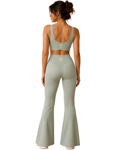 Manufacturer Custom Sage Green Women <b>Flared</b> Yoga Set Embroidered Sports Bra And High Waist Bell Bottom <b>Leggings</b> Activewear Set - Product Image 2
