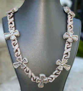 Luxury Iced Out Floral <b>Cross</b> Link <b>Chain</b> Necklace VVS Moissanite Diamond Hip Hop Jewelry for Men Unisex Premium Style - Product Image 1
