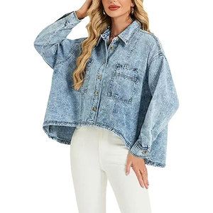 เสื้อแจ็คเก็ตยีนส์โอเวอร์ไซส์สำหรับผู้หญิง น้ำหนักเบา แขนทรงปีกค้างคาว เสื้อเชิ้ตเดนิมสไตล์ลำลอง แฟชั่นฤดูใบไม้ผลิ ทรงหลวม ใส่สบาย - Product Image 1