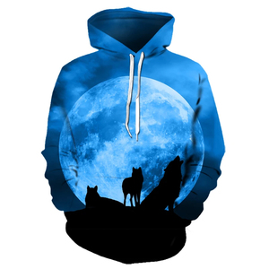 Sudadera con Capucha para Hombre, Diseño 3D de Lobo y Luna, Azul, Invierno, Informal, 100% Algodón, Resistente al Viento - Product Image 1