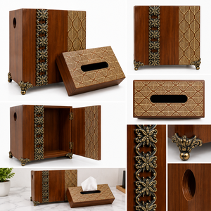 Lot de 2 poubelles rectangulaires modernes en bois, ensemble de boîtes à mouchoirs, distributeur 6-en-1, poubelle artisanale écologique de qualité alimentaire avec pieds en laiton - Product Image 2