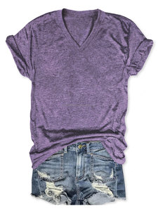 65% viscosa 35% poliéster Casual cuello en V camisetas de manga corta mujeres cuello en V camisetas lisas Camiseta cuello en V - Product Image 5