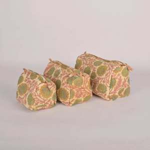 Set of 3 Toiletry Bags Floral Hand Block Printed Washable Makeup Cosmetic & Travel Bags with Pockets Gift for Her Birthday Gift - Product Image 1
