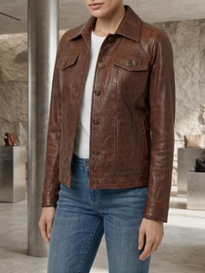 Veste en cuir d'agneau véritable pour femme, style trucker, vintage, boutonnée sur le devant, col chemise, marron et violet - Product Image 3
