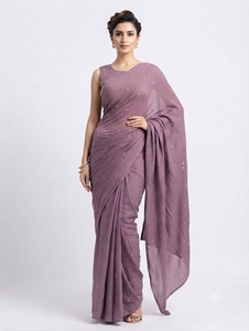 Sari de Crepé Lavanda con Bordado Dorado, Traje Tradicional Indio para Mujer, Estilo Casual, Largo hasta el Suelo, Corte Regular, Estilo Bollywood, Secado Rápido - Product Image 1