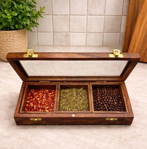 Caja de especias de madera con tapa de vidrio, 3 compartimentos, organizador de almacenamiento de hierbas resistente al polvo para cocina, organizador de especias de madera natural - Product Image 1