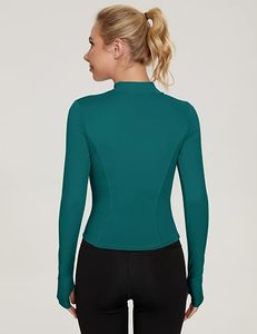 Women's Teal Half-Zip Long Sleeve Yoga Top Breathable Spandex Polyester Solid Color Skinny Fit All Seasons Sportswear Stand - Product Image 2
