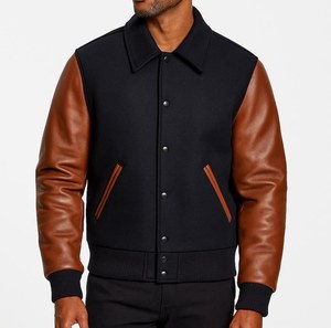Veste varsity noire pour homme, manches en cuir marron, fermeture à boutons, col rabattu, vêtement décontracté pour l'automne, coupe classique - Product Image 3