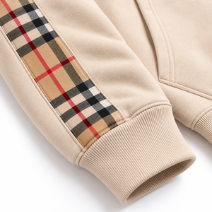 Sweat-shirt à capuche en jersey épais beige doublé, imprimé, avec empiècements à carreaux sur les manches, poche avant, style décontracté pour l'automne - Product Image 5