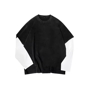 เสื้อยืดแขนสองชั้นสไตล์สตรีทแวร์ลำลองสำหรับผู้ชาย ทรงใส่สบาย ดีไซน์ฟอกสีแบบวินเทจ - Product Image 5