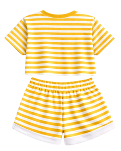 Ensemble décontracté d'été deux pièces pour femme : crop top rayé jaune et blanc et short, taille élastique, tenue de détente, streetwear, OEM - Product Image 4