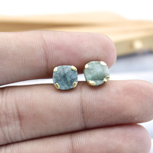 <b>Emerald</b> Raw <b>Stud</b> Earring Gold Plated Prong Set Handmade Electroplated Minimal May Birthstone Jewelry - Product Image 4