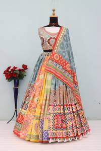 Conjunto de Lehenga Tradicional para Bodas Indias, Vestido Largo de Algodón Bordado para Mujer, Corte Holgado, Multicolor, Traje Étnico con Protección Solar - Product Image 4