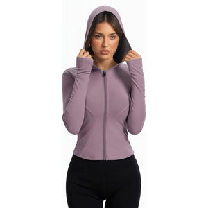 Women's Ribbed Hooded <b>Yoga</b> <b>Jacket</b> Full Sleeve Zipper Front Solid Color Stretchy Nylon Athletic Wear Quick Dry Seamless Design - Product Image 2