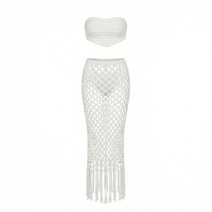 White Crocheted 2 Piece <b>Set</b> Bandeau Top With Hollow Out <b>Skirt</b> Tassel Detail Women's <b>Bikini</b> Beachwear - Product Image 1