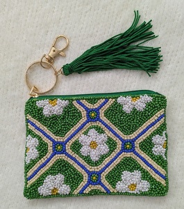 Pochette à monnaie carrée en coton perlé faite à la main, broderie, portefeuille à fermeture éclair, porte-clés à pompon, design personnalisé, voyage, mode, famille - Product Image 2