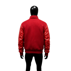 CLASSIC <b>RED</b> SNAP BUTTON Varsity Jacket PU Leather Sleeves Casual Turn-down Collar Regular Fit Solid Color Button Closure Autumn - Product Image 2