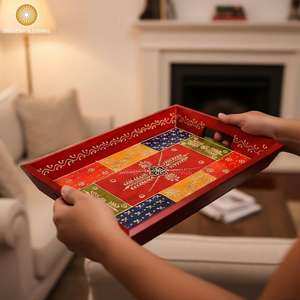 Juego de 3 bandejas de madera pintadas a mano para servir, decoración rústica, bandejas otomanas para mesas de centro y mesitas de noche - Product Image 2