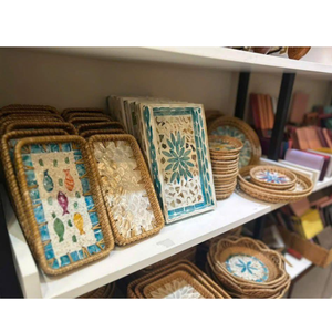 Bandeja redonda para desayuno, bandeja de mimbre con incrustaciones de nácar, bandeja para mesa de café, bandeja decorativa, bandeja para té, bandeja para cócteles, bandeja para pulseras - Product Image 2